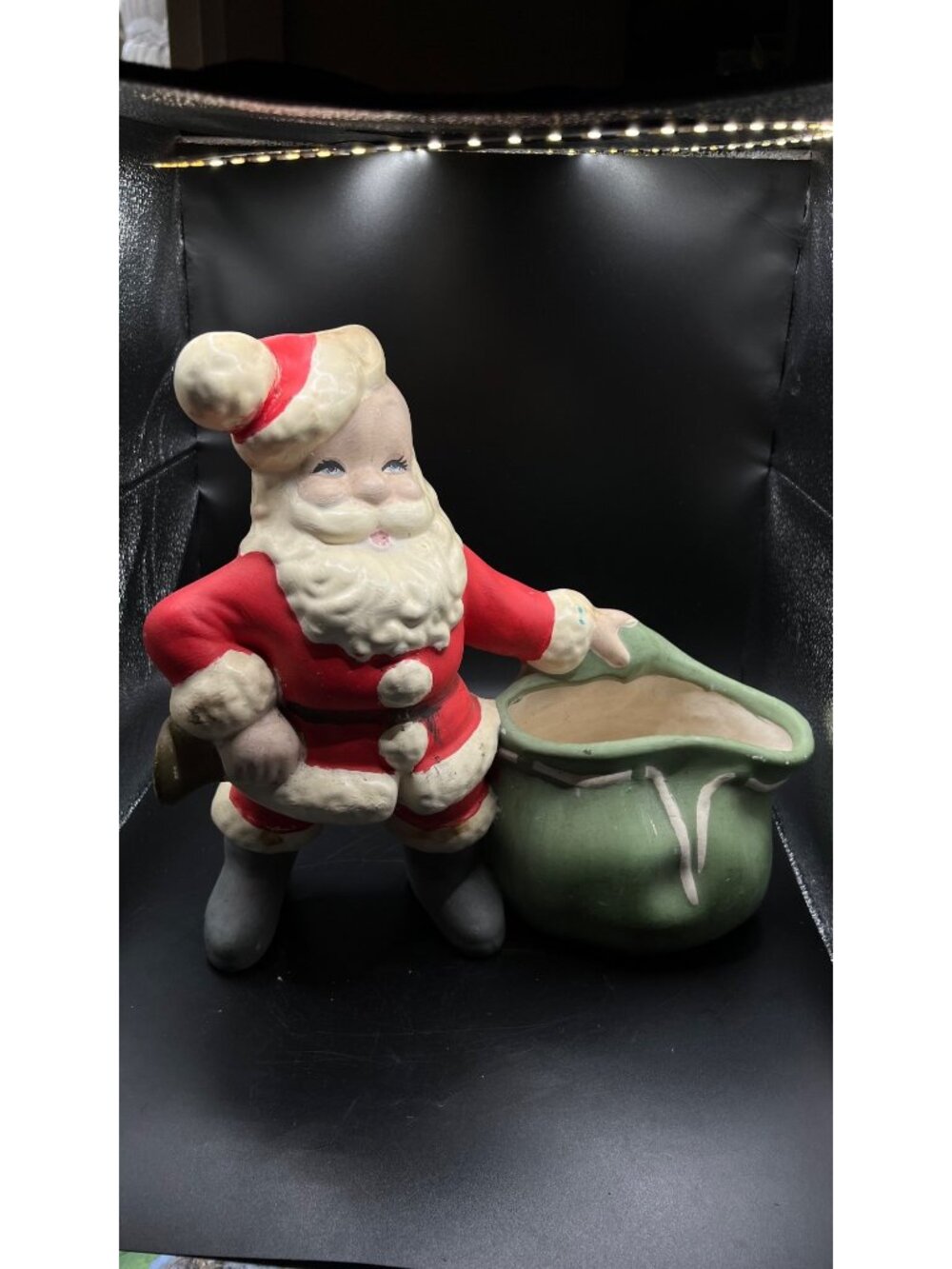Vintage Ceramic Santa Claus Planter Green Toy Sack HandPainted Holiday Christmas